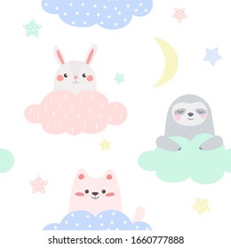 Seamless pattern with cartoon sloth, cat and bunny. Cute print for baby.