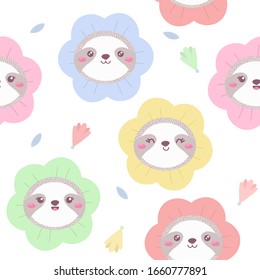 Seamless pattern with cartoon sloth. Floral print with happy animals.