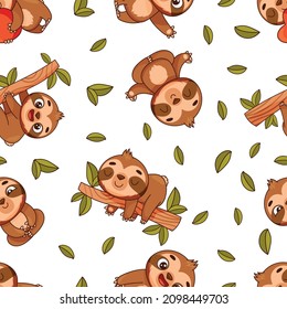 Seamless pattern with cartoon sloths amoung leaves. Endless texture. Vector illustration