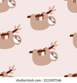 Seamless pattern with cartoon sloths. colorful vector for kids. hand drawing, flat style. baby design for fabric, print, textile, wrapper