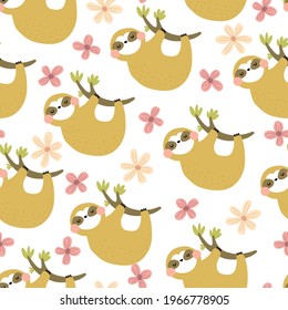 Seamless pattern with cartoon sloths, decor elements. Colorful vector for kids. hand drawing, flat style. baby design for fabric, print, textile, wrapper