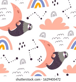 Seamless pattern with cartoon sloths, moon, rainbow, clouds, decor elements. kid colorful vector, flat style. hand drawing. baby design for textile, print, fabric, wrapping paper