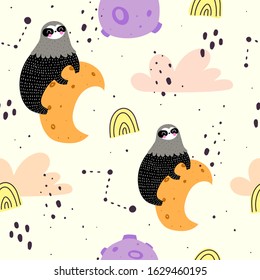 Seamless pattern with cartoon sloths, rainbow, clouds, decor elements on a neutral background. Colorful vector illustration, flat style for kids. hand drawing. baby design for textile, print, fabric, 