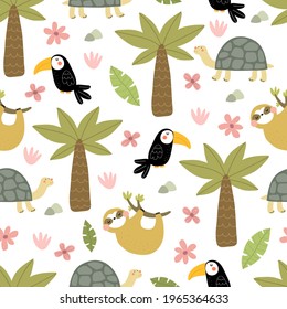 Seamless pattern with cartoon sloths, turtles, toucans, palms, decor elements.  colorful vector for kids. hand drawing, flat style. baby design for fabric, print, textile, wrapper