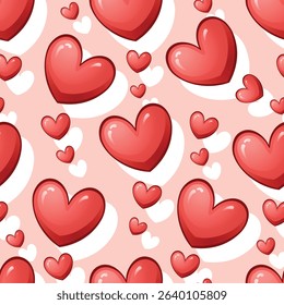Seamless pattern cartoon of small and large bright red hearts were scattered everywhere. It is a pattern full of hot love. Pattern design for wrapping paper, wallpaper and fashion prints.