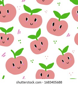 Nahtloses Muster mit Cartoon Lächeln von Äpfeln. Fruchtfarbiges Design für Kinder- oder Küchentextilien, Gewebe, Papier. Cute Doodle. Vektorillustration auf weißem Hintergrund