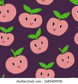 Seamless pattern with cartoon smile of apples. Fruit colorful design for children or kitchen textiles, fabric, paper. Cute Doodle. Vector illustration on a purple background