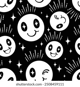 Seamless pattern cartoon of smile face. Groovy doodle style, Black and white color tone, Pattern design for fabric and wrapping paper, wallpaper and fashion prints.
