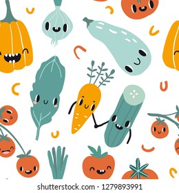 Seamless pattern with cartoon smile vegetable characters: pumpkin, carrot, tomato, cucumber, onion. Colorful design for kids or kitchen textile, fabric, paper. Cute doodle style emoticons