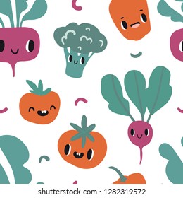 Seamless pattern with cartoon smile vegetable characters: beet, tomato, radish, pepper. Colorful design for kids or kitchen textile, fabric, paper. Cute doodle style emoticons