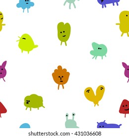 Seamless pattern with cartoon smiley monsters. Different fluffy monsters characters on white background.