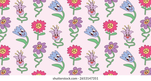Seamless pattern with Cartoon Smiling Flowers. Red Pink Blue Lilac Blossoms with Faces and Green Leaves on Light Background. Flat colorful hand drawn vector illustration design