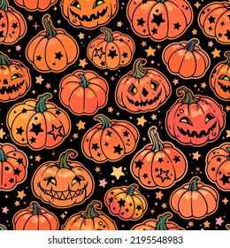 seamless pattern of cartoon smiling halloween pumpkins