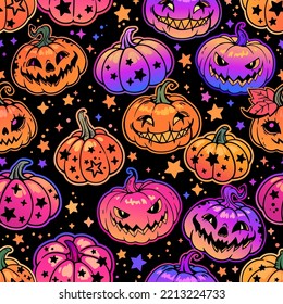 seamless pattern of cartoon smiling halloween pumpkins