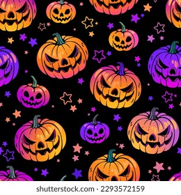 Seamless pattern of cartoon smiling halloween pumpkins