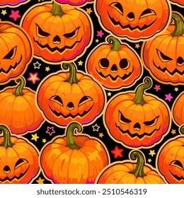 Seamless pattern of cartoon smiling halloween pumpkins