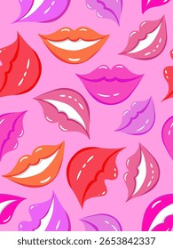 padrão sem costura com lábios sorridentes de desenho animado em fundo rosa, estilo pop art colorido para têxtil e dia de design divertido de riso sorridente