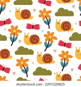 seamless pattern cartoon snail and butterfly cute animal wallpaper for textile, gift wrap paper