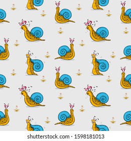 Seamless pattern cartoon snail different emotions on  background. vector illustration comic snail.