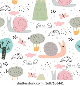 Seamless pattern with cartoon snails, balloons, clouds, mountains, decor elements. Colorful vector, flat style. Hand drawing for kids. baby design for fabric, print, textile, wrappers