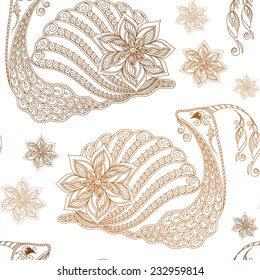 Seamless pattern of cartoon snails. Hand drawn vector background.Henna Mehendi style