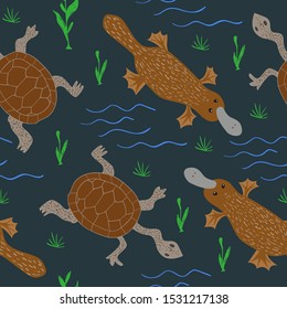 Seamless pattern of cartoon snake-necked turtles and platypus. Australian repeatable textile vector childish design.