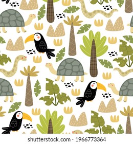 Seamless pattern with cartoon snakes, turtles, toucans, palms, decor elements.  colorful vector for kids. hand drawing, flat style. baby design for fabric, print, textile, wrapper