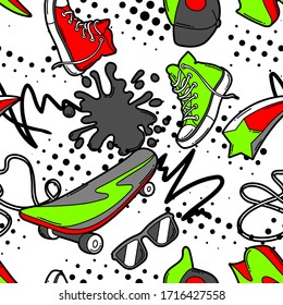 Seamless pattern with cartoon sneakers, skateboard and baseball cap. Urban colorful teenage creative background. Fashion symbols in modern comic style.