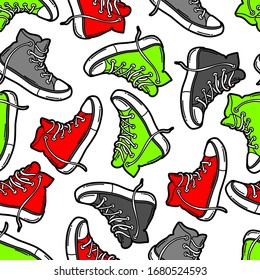 Seamless pattern with cartoon sneakers. Urban colorful teenage creative background. Fashion symbol in modern comic style.