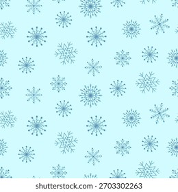 Seamless pattern of cartoon snowflakes of different shapes. Christmas winter background. for holiday packaging, wrapping paper and gifts.