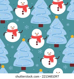 seamless pattern cartoon snowman and christmas tree. cute winter wallpaper for gift wrap paper