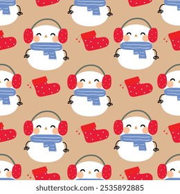 Padrão sem emenda boneco de neve desenho animado e meia com presente no dia de Natal. papel de parede bonito de Natal para impressão de tecido, papel de embrulho de presente