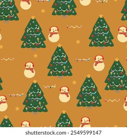 Muñeco de nieve de dibujos animados sin fisuras, y árbol de Navidad lindo, Fondo de pantalla de invierno para la impresión de la tela, papel de regalo