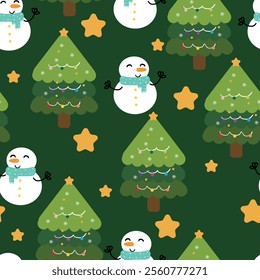 Seamless pattern cartoon snowman and tree christmas. cute christmas and winter wallpaper for fabric print, gift wrap paper