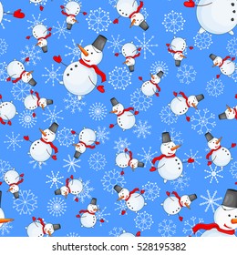 Seamless pattern with cartoon snowman in vector.