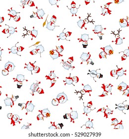 Seamless pattern with cartoon snowman in vector.