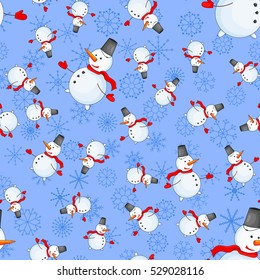 Seamless pattern with cartoon snowman in vector.
