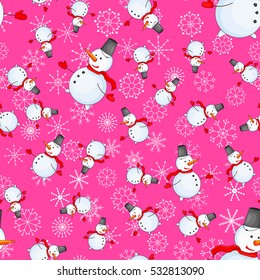 Seamless pattern with cartoon snowman in vector.