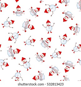 Seamless pattern with cartoon snowman in vector.