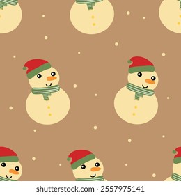 Seamless pattern cartoon snowman wearing a green scarf. cute christmas and winter wallpaper for fabric print, gift wrap paper