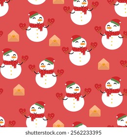 Seamless pattern cartoon snowman wearing a red scarf. cute christmas and winter wallpaper for fabric print, gift wrap paper