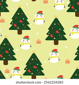 Seamless pattern cartoon snowman wearing a yellow scarf and Christmas tree. cute christmas and winter wallpaper for fabric print, gift wrap paper