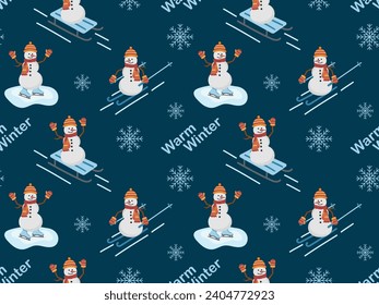 Seamless pattern with cartoon snowmen on skates, skis, sleighs on a blue background. Vector illustration for wrapping paper, textile, wallpaper, cards