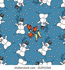 Seamless pattern with cartoon snowmen on blue background. Pattern can be used for fabric, web wallpaper or wrapping paper.