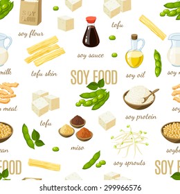 Seamless pattern with cartoon soy food. Vector illustration, eps10.