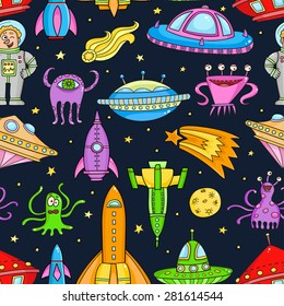 Seamless pattern with cartoon space objects: ufo, rockets, aliens. Hand-drawn elements in space theme. Pattern for UFO Day