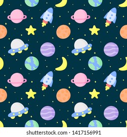 seamless pattern cartoon space. planets isolated on blue background. vector Illustration.