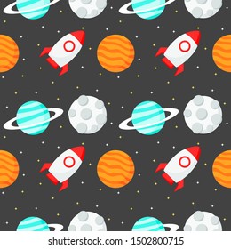seamless pattern cartoon space. planets isolated on black background. vector Illustration.