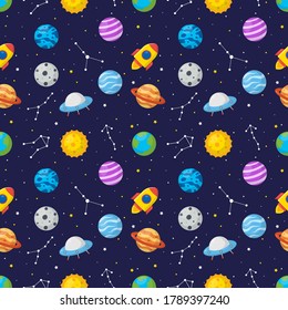 seamless pattern cartoon space. planets isolated on blue background. vector illustration.