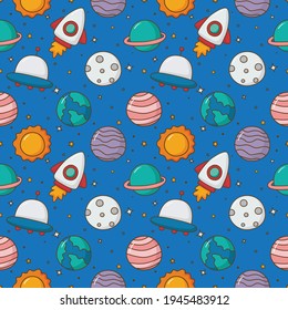 seamless pattern cartoon space. planets isolated on blue background.